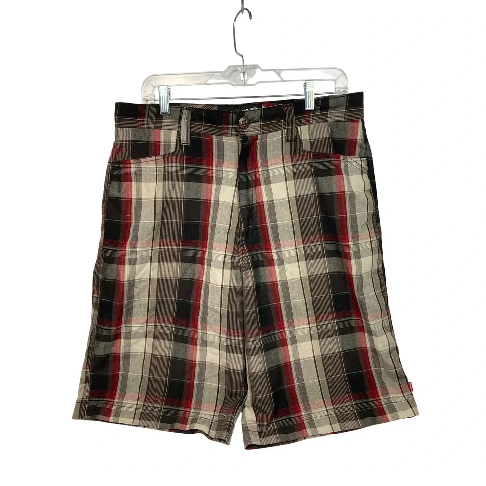 Billabong Plaid Shorts Men's Size 33 Beige Red Black Casual Flat Front